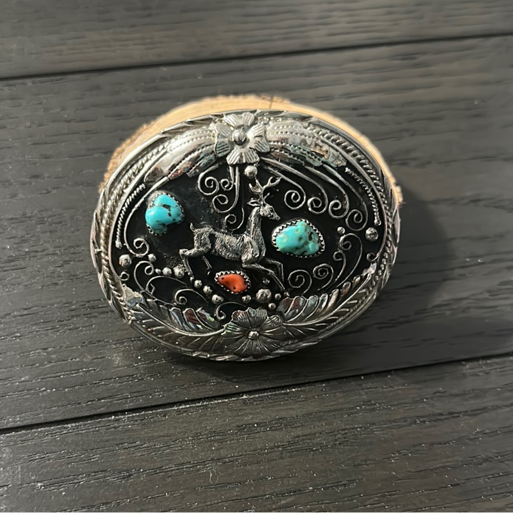 Vintage Authentic Native American Turquoise and Coral Belt Buckle